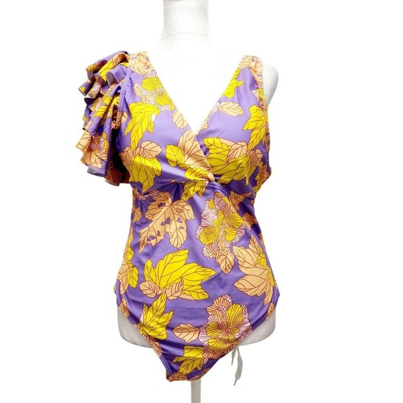 Floral One-Shoulder Ruffled Swimsuit V Neckline Yellow Lavender Womens Size XL - Picture 14 of 15
